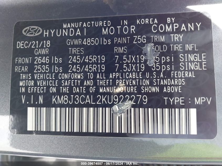 2019 Hyundai Tucson Night VIN: KM8J3CAL2KU922279 Lot: 39674557