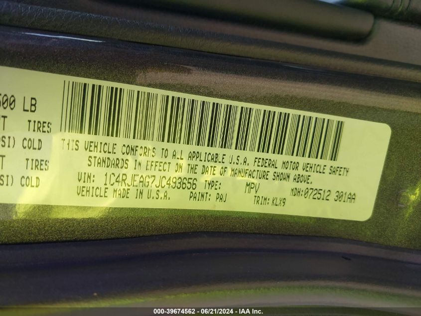 2018 Jeep Grand Cherokee Altitude 4X2 VIN: 1C4RJEAG7JC493656 Lot: 39674562