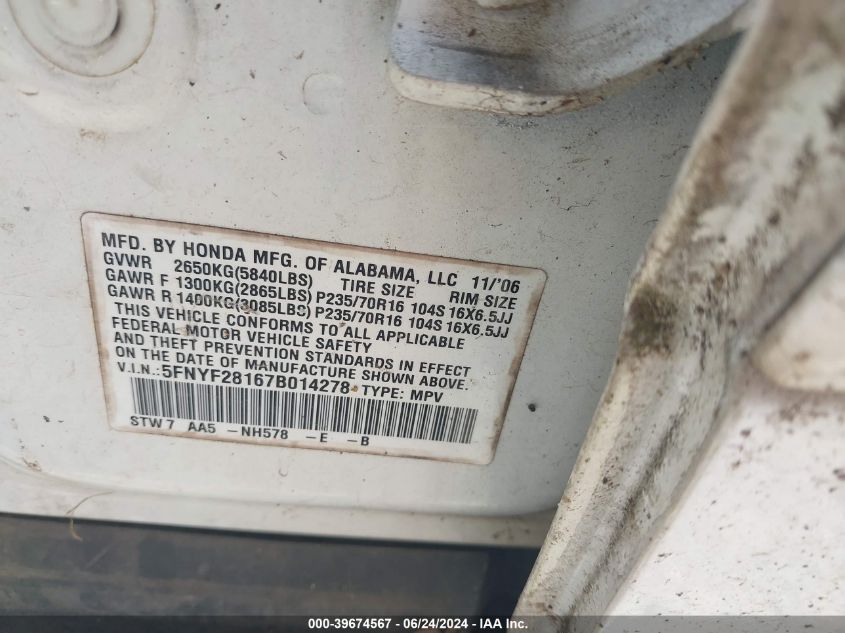 2007 Honda Pilot Lx VIN: 5FNYF28167B014278 Lot: 39674567