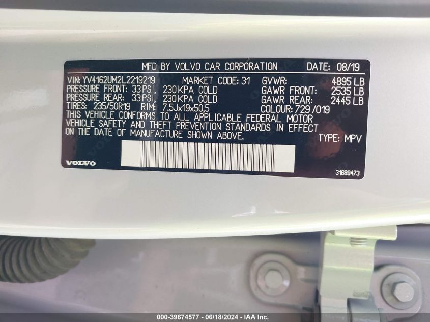 2020 Volvo Xc40 T5 R-Design VIN: YV4162UM2L2219219 Lot: 39674577