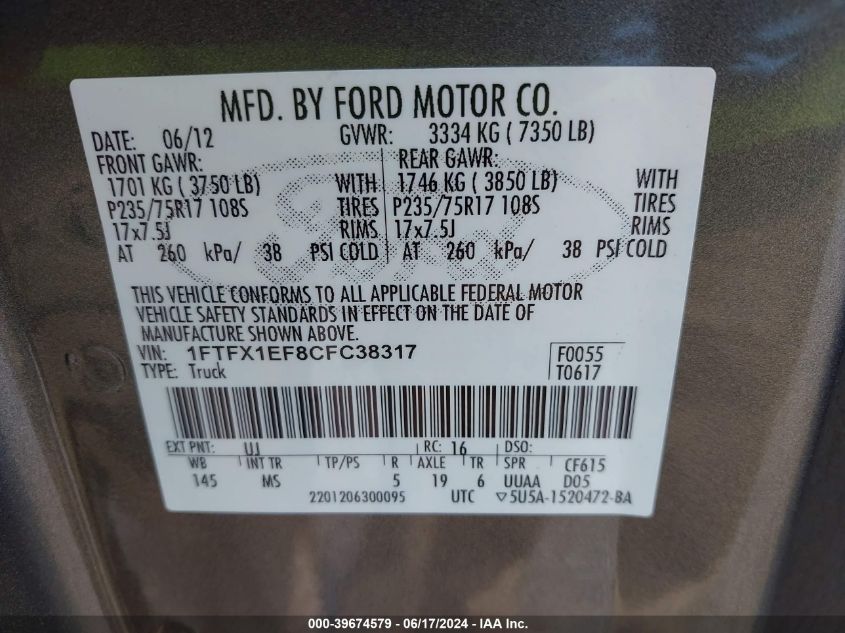 2012 Ford F-150 Xlt VIN: 1FTFX1EF8CFC38317 Lot: 39674579