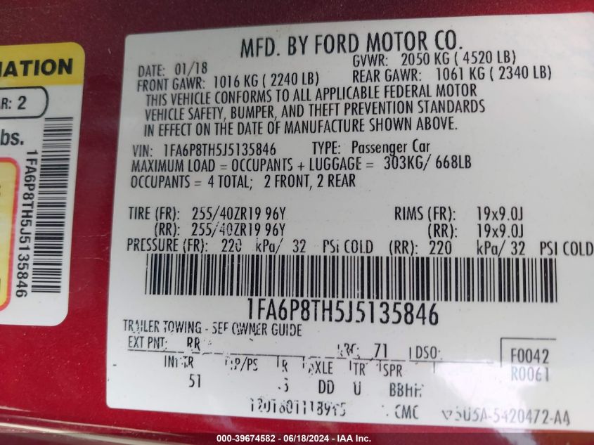 2018 Ford Mustang Ecoboost VIN: 1FA6P8TH5J5135846 Lot: 39674582