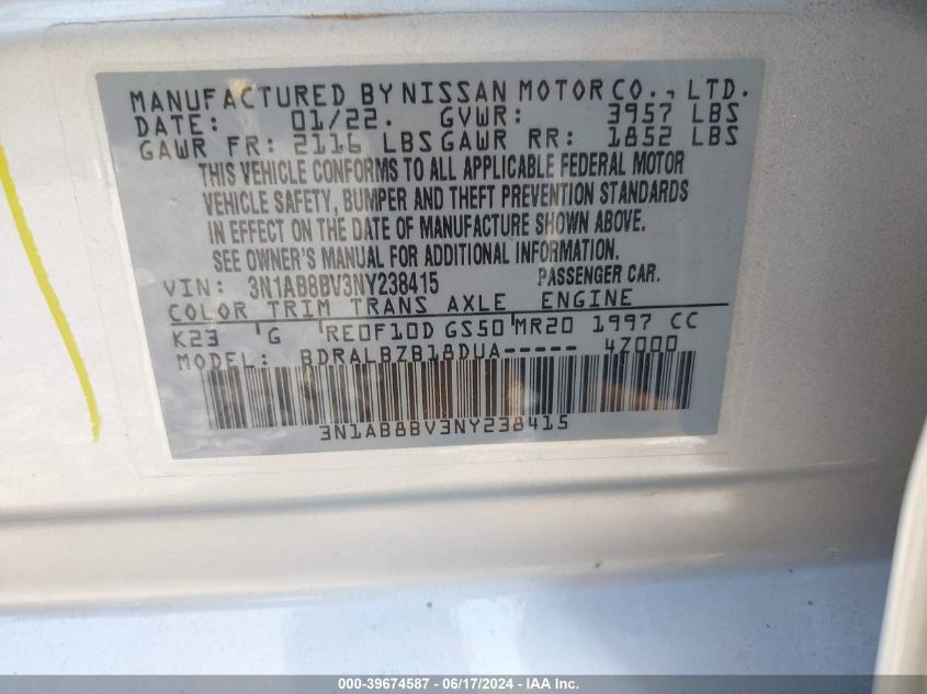 2022 Nissan Sentra S Xtronic Cvt VIN: 3N1AB8BV3NY238415 Lot: 39674587