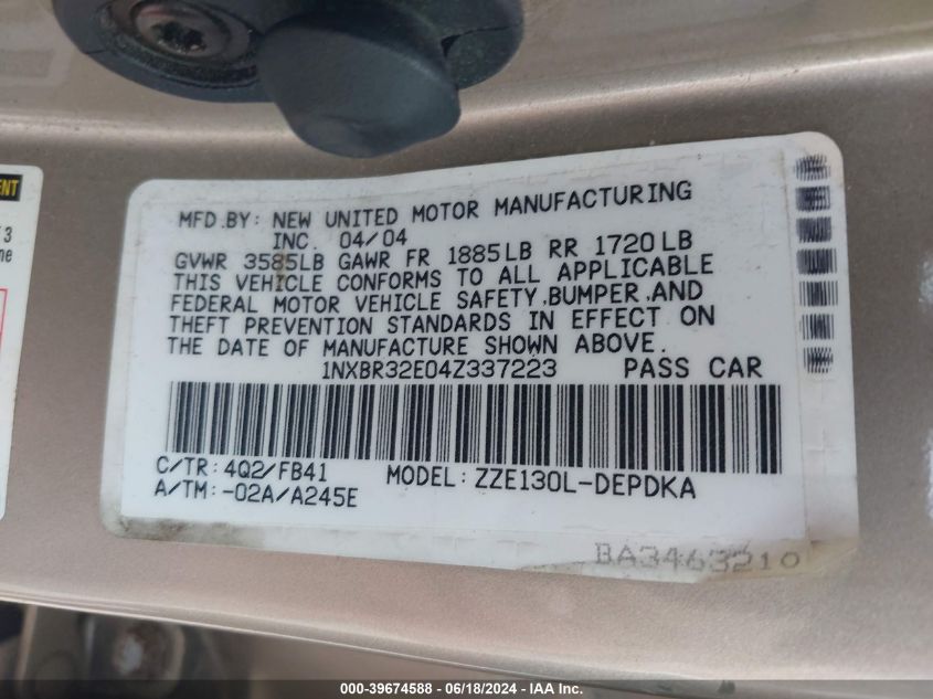 2004 Toyota Corolla Ce VIN: 1NXBR32E04Z337223 Lot: 39674588