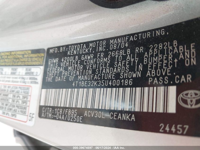 2005 Toyota Camry Le VIN: 4T1BE32K35U400186 Lot: 39674597