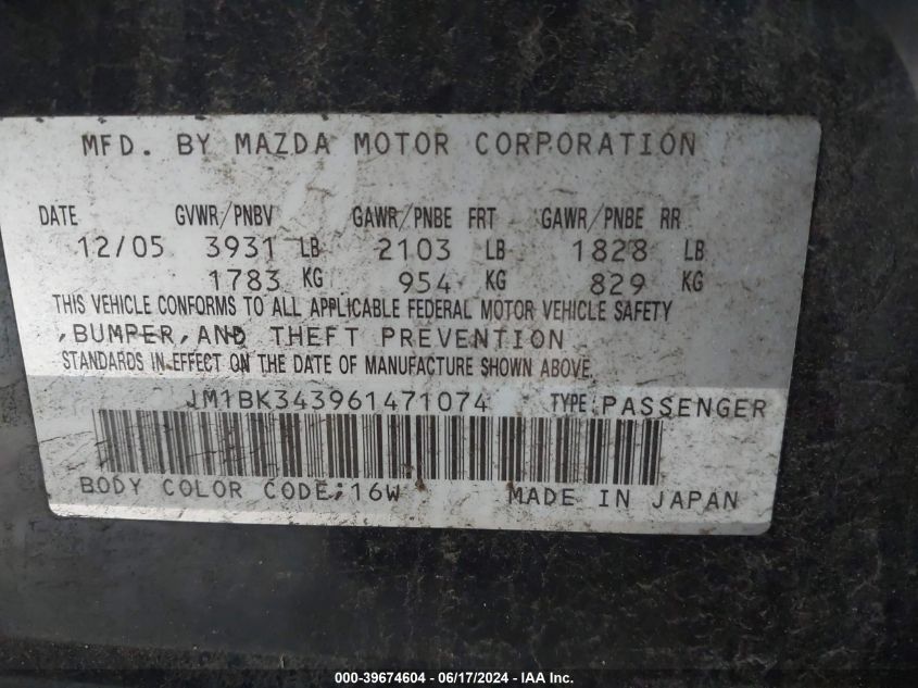 2006 Mazda Mazda3 S Grand Touring VIN: JM1BK343961471074 Lot: 39674604