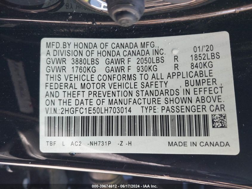 2020 Honda Civic Si Sedan VIN: 2HGFC1E50LH703014 Lot: 39674612