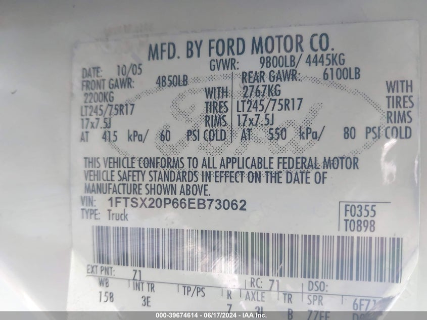 2006 Ford F-250 Lariat/Xl/Xlt VIN: 1FTSX20P66EB73062 Lot: 39674614