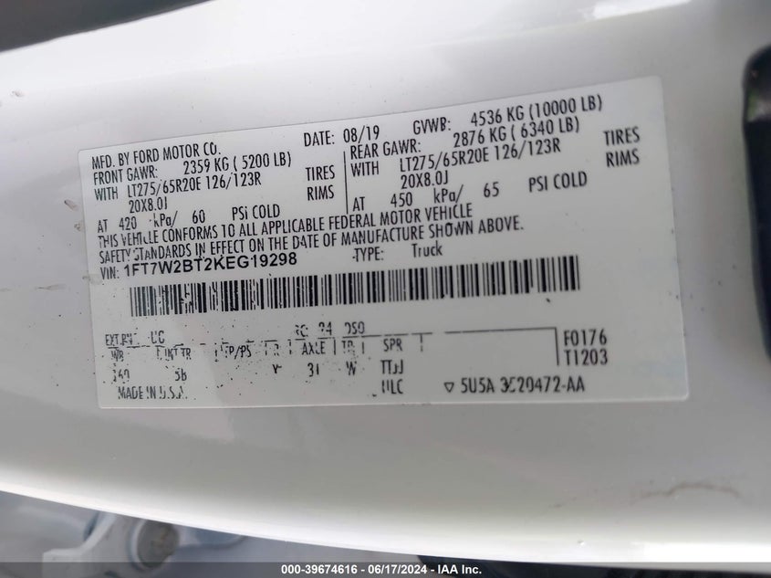 2019 Ford F-250 Lariat VIN: 1FT7W2BT2KEG19298 Lot: 39674616