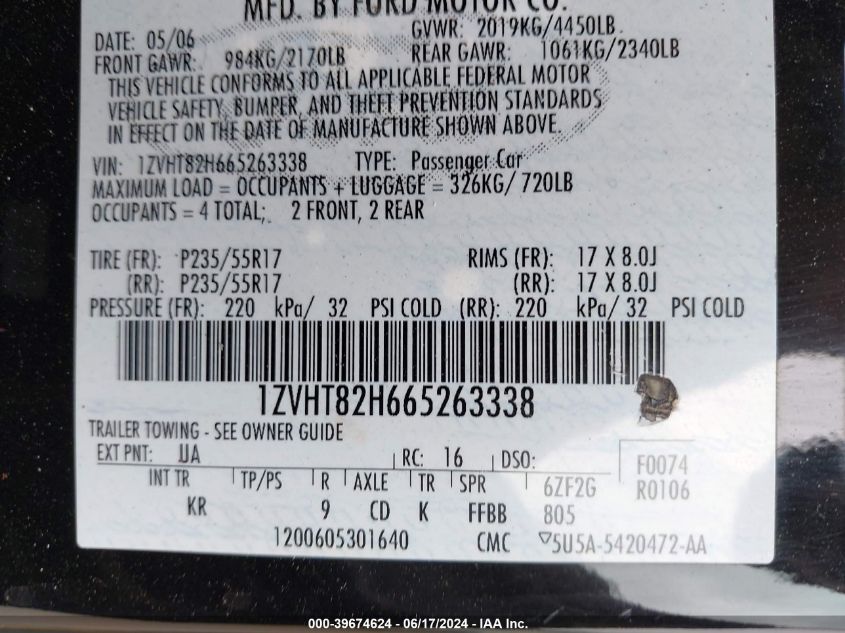 2006 Ford Mustang Gt VIN: 1ZVHT82H665263338 Lot: 39674624