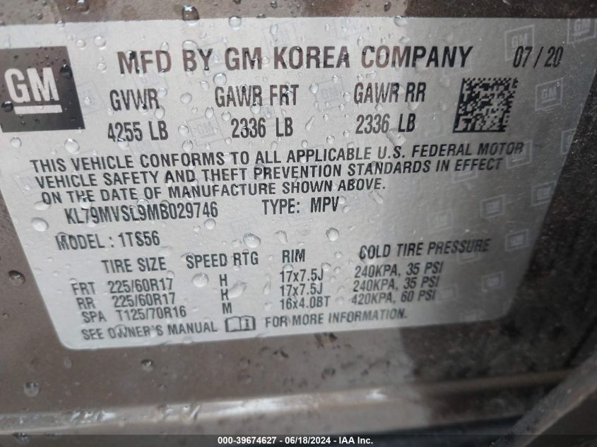 2021 Chevrolet Trailblazer Fwd Activ VIN: KL79MVSL9MB029746 Lot: 39674627