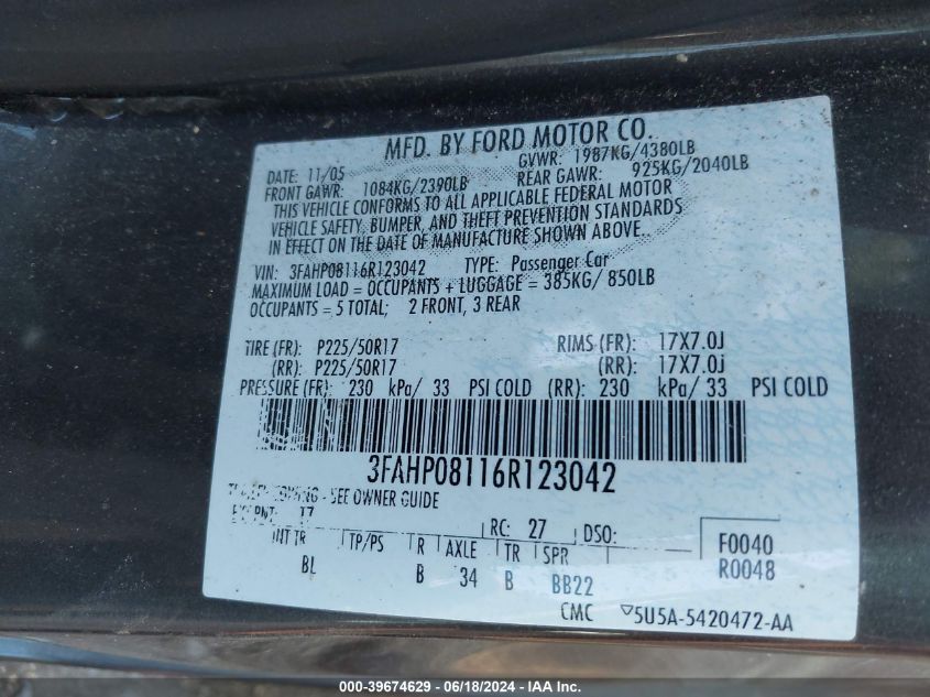 2006 Ford Fusion Sel VIN: 3FAHP08116R123042 Lot: 39674629