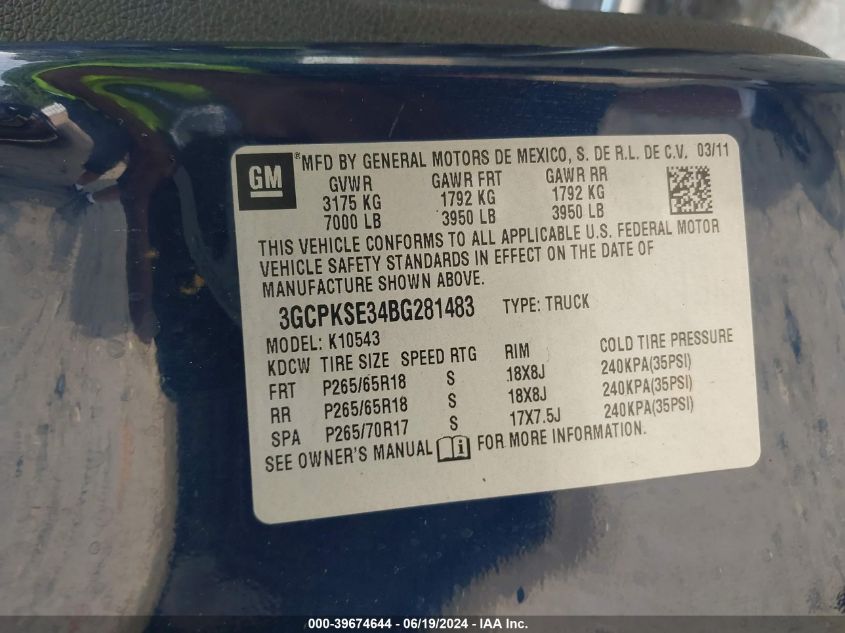 2011 Chevrolet Silverado 1500 Lt VIN: 3GCPKSE34BG281483 Lot: 39674644