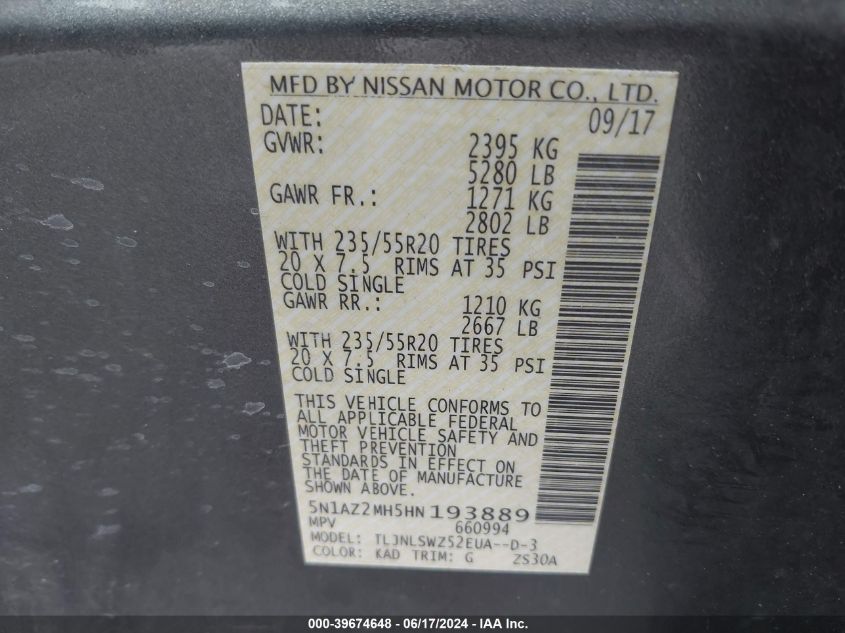 2017 Nissan Murano Platinum VIN: 5N1AZ2MH5HN193889 Lot: 39674648