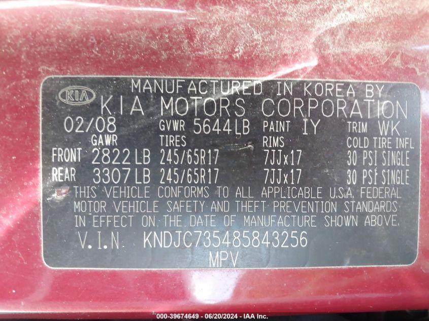 2008 Kia Sorento Lx VIN: KNDJC735485843256 Lot: 39674649