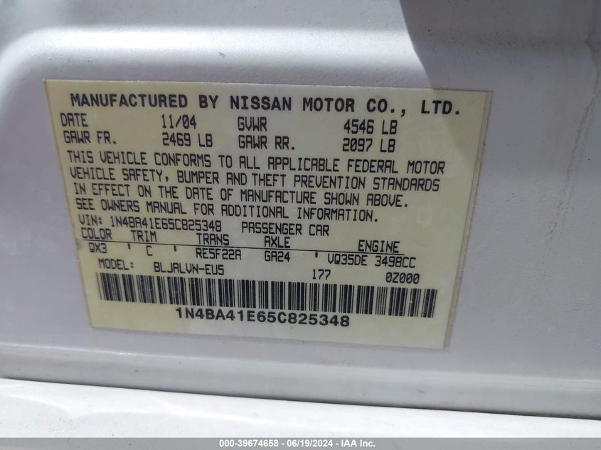 2005 Nissan Maxima 3.5 Se VIN: 1N4BA41E65C825348 Lot: 39674658