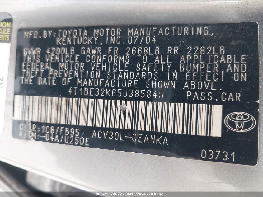 2005 Toyota Camry Std VIN: 4T1BE32K65U385845 Lot: 39674672