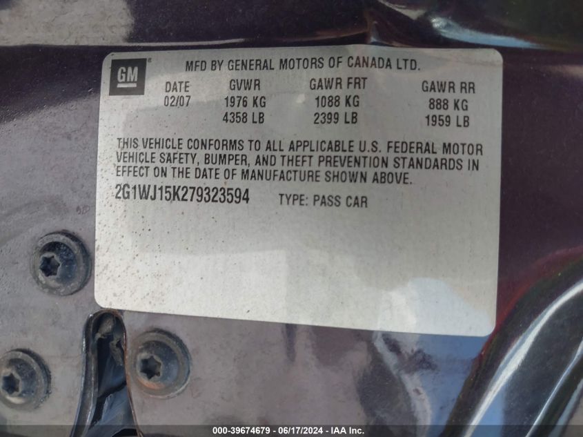 2007 Chevrolet Monte Carlo Ls VIN: 2G1WJ15K279323594 Lot: 39674679