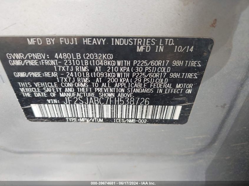 2015 Subaru Forester 2.5I VIN: JF2SJABC7FH538726 Lot: 39674681