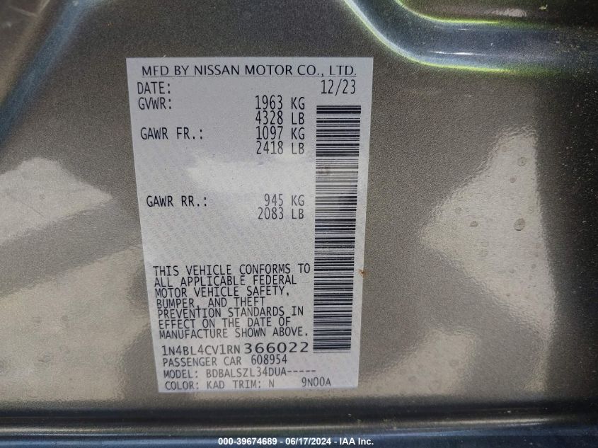 1N4BL4CV1RN366022 | 2024 NISSAN ALTIMA