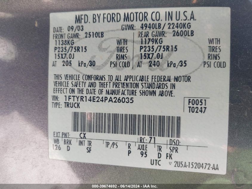 2004 Ford Ranger Edge VIN: 1FTYR14E24PA26035 Lot: 39674692