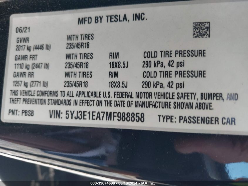 2021 Tesla Model 3 Standard Range Plus Rear-Wheel Drive VIN: 5YJ3E1EA7MF988858 Lot: 39674698