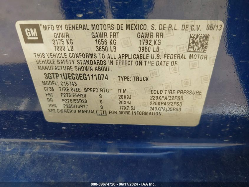 2014 GMC Sierra 1500 Sle VIN: 3GTP1UEC0EG111074 Lot: 39674720