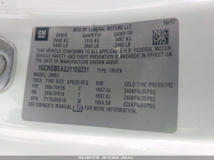 2018 Chevrolet Colorado Wt VIN: 1GCHSBEA2J1150231 Lot: 39674729