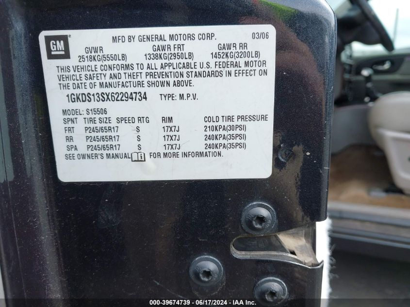 2006 GMC Envoy Slt VIN: 1GKDS13SX62294734 Lot: 39674739