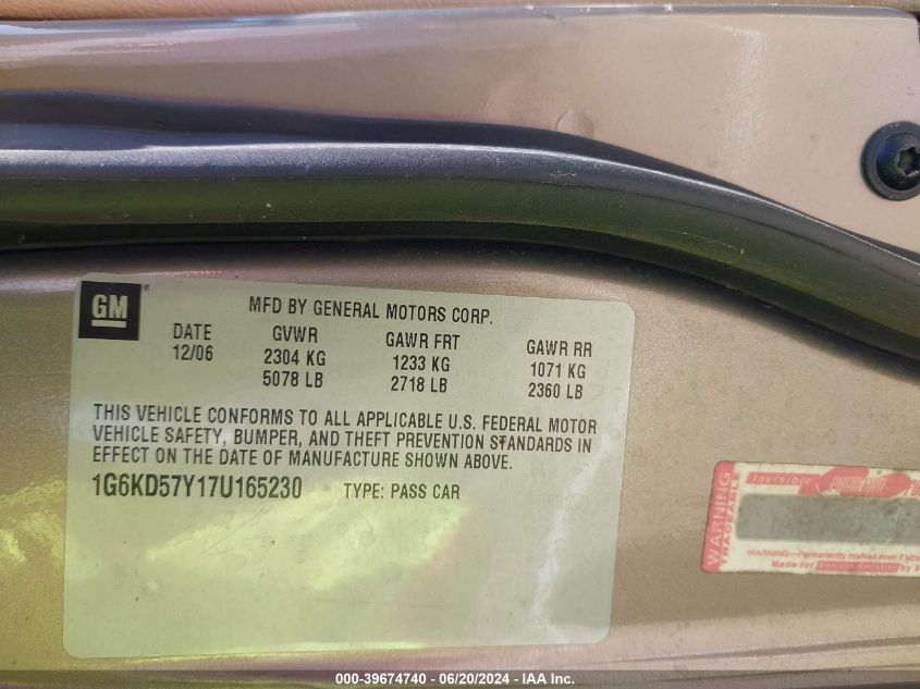 2007 Cadillac Dts VIN: 1G6KD57Y17U165230 Lot: 39674740