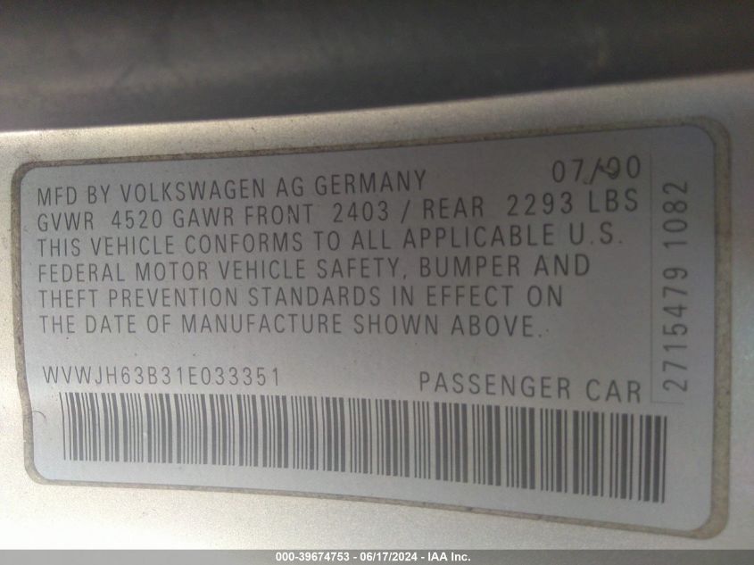 2001 Volkswagen Passat Glx VIN: WVWJH63B31E033351 Lot: 39674753