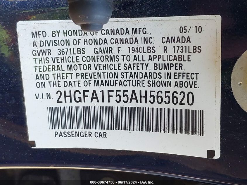 2010 Honda Civic Lx VIN: 2HGFA1F55AH565620 Lot: 39674758