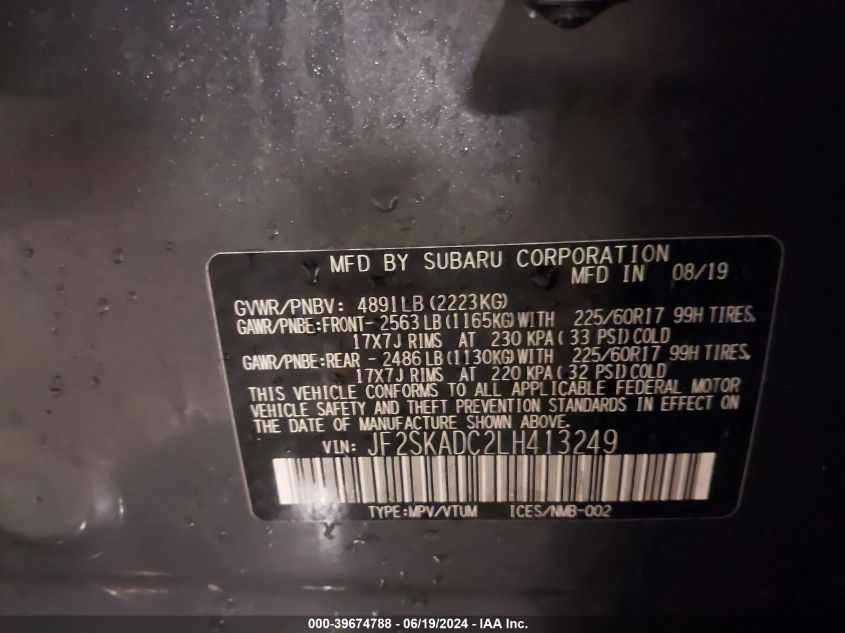 2020 Subaru Forester VIN: JF2SKADC2LH413249 Lot: 39674788