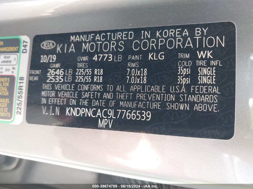 KNDPNCAC9L7766539 2020 Kia Sportage Ex