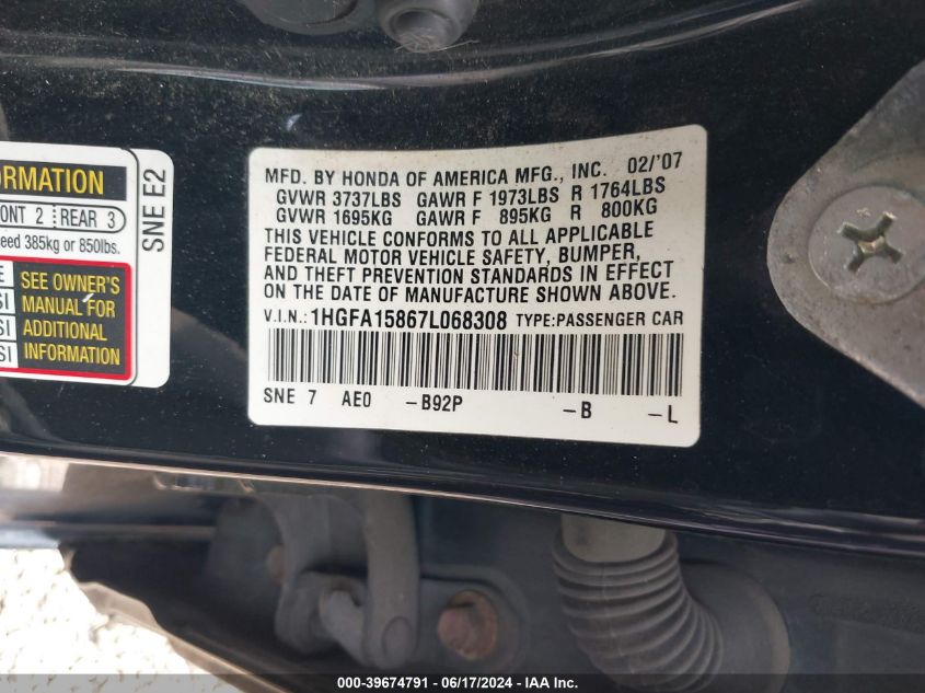 2007 Honda Civic Ex VIN: 1HGFA15867L068308 Lot: 39674791