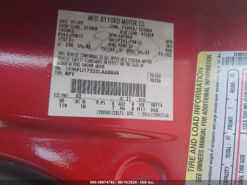 2005 Ford Expedition Eddie Bauer/King Ranch VIN: 1FMFU17535LA68848 Lot: 39674792