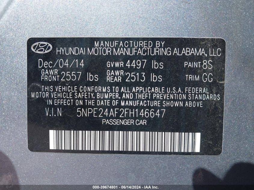 2015 Hyundai Sonata Se VIN: 5NPE24AF2FH146647 Lot: 39674801