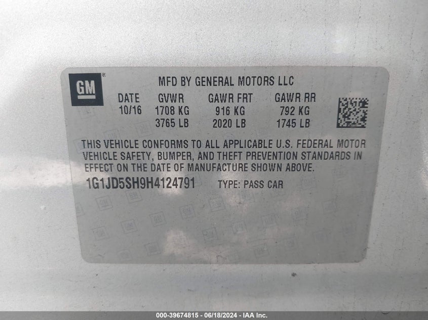 2017 Chevrolet Sonic Lt Auto VIN: 1G1JD5SH9H4124791 Lot: 39674815