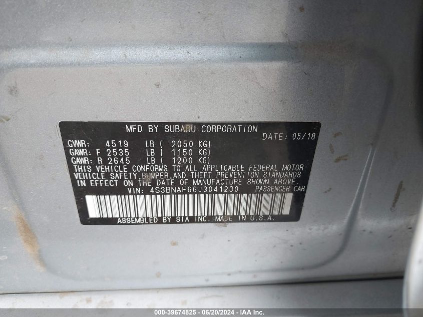 2018 Subaru Legacy 2.5I Premium VIN: 4S3BNAF66J3041230 Lot: 39674825
