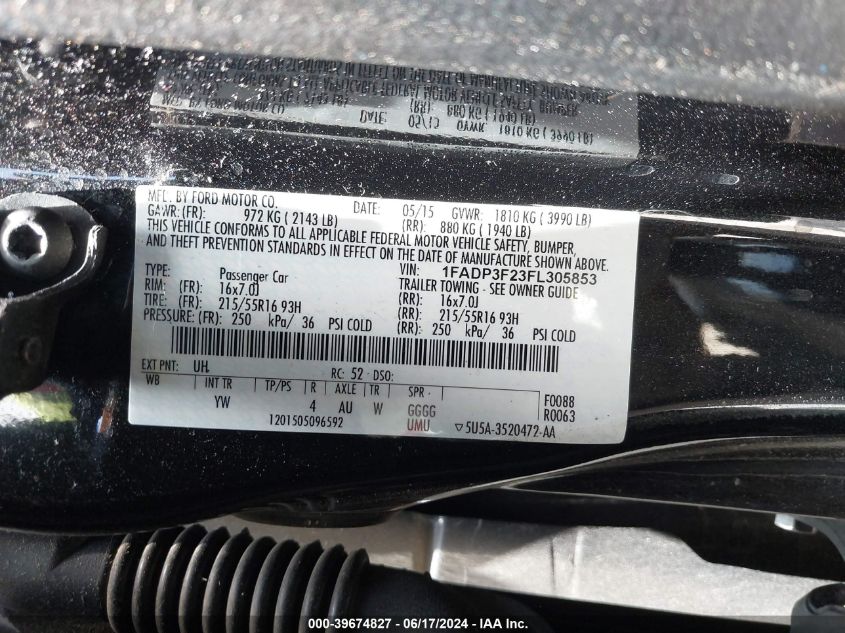 2015 Ford Focus Se VIN: 1FADP3F23FL305853 Lot: 39674827