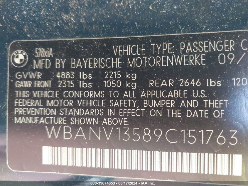 2009 BMW 528I xDrive VIN: WBANV13589C151763 Lot: 39674853