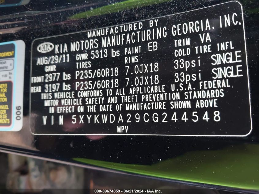 2012 Kia Sorento Sx V6 VIN: 5XYKWDA29CG244548 Lot: 39674859