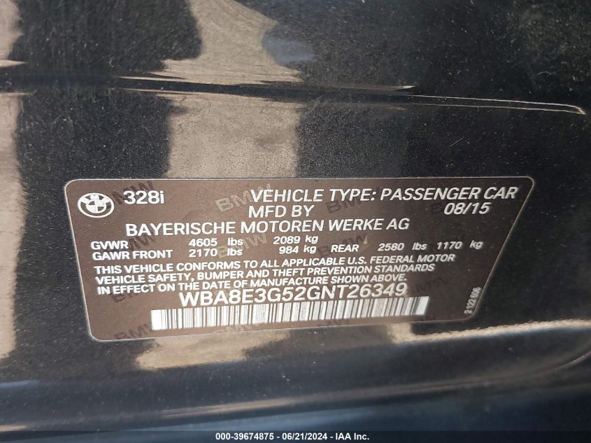 2016 BMW 3 Series Xi Sulev VIN: WBA8E3G52GNT26349 Lot: 39674875