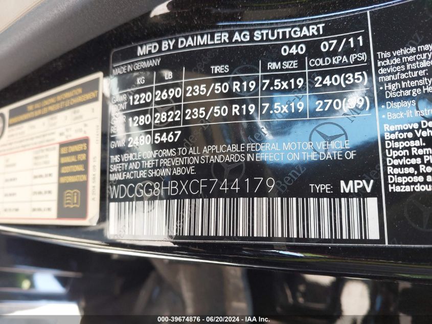 2012 Mercedes-Benz Glk 350 4Matic VIN: WDCGG8HBXCF744179 Lot: 39674876