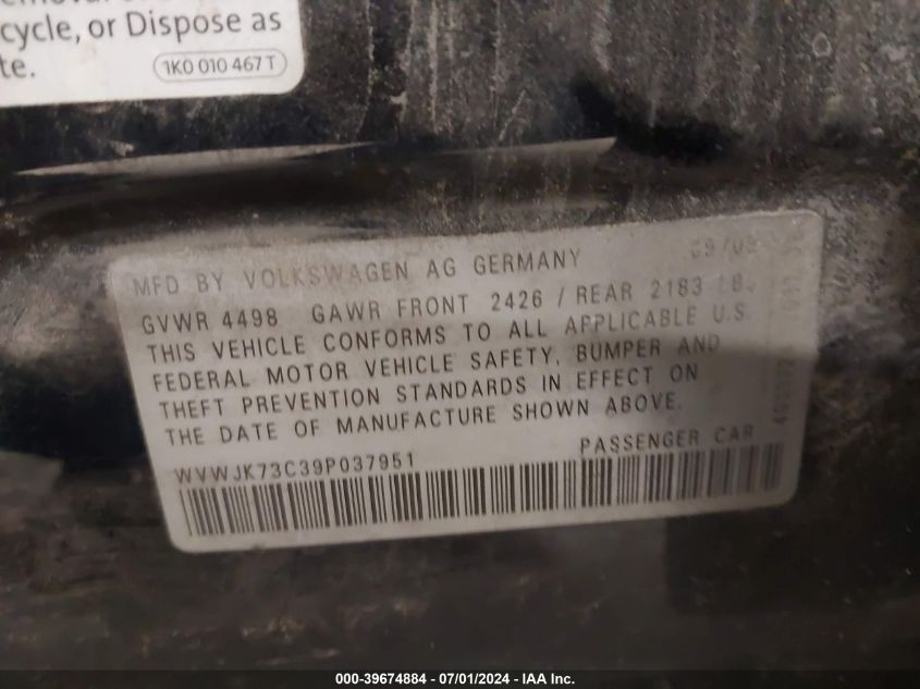2009 Volkswagen Passat Komfort VIN: WVWJK73C39P037951 Lot: 39674884