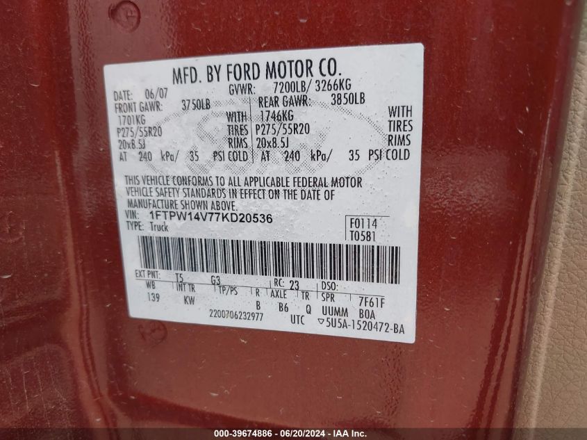 2007 Ford F-150 Fx4/Lariat/Xlt VIN: 1FTPW14V77KD20536 Lot: 39674886