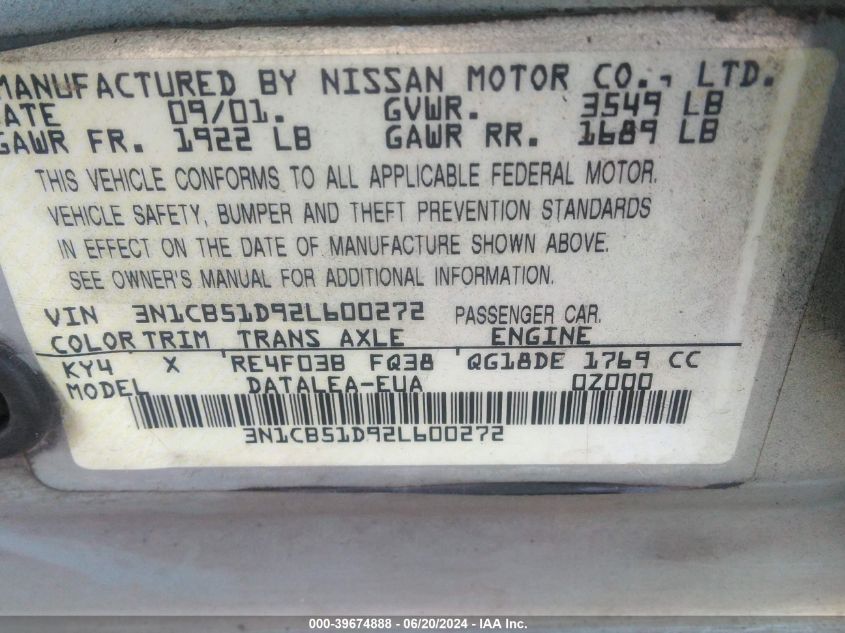 2002 Nissan Sentra Xe/Gxe VIN: 3N1CB51D92L600272 Lot: 39674888