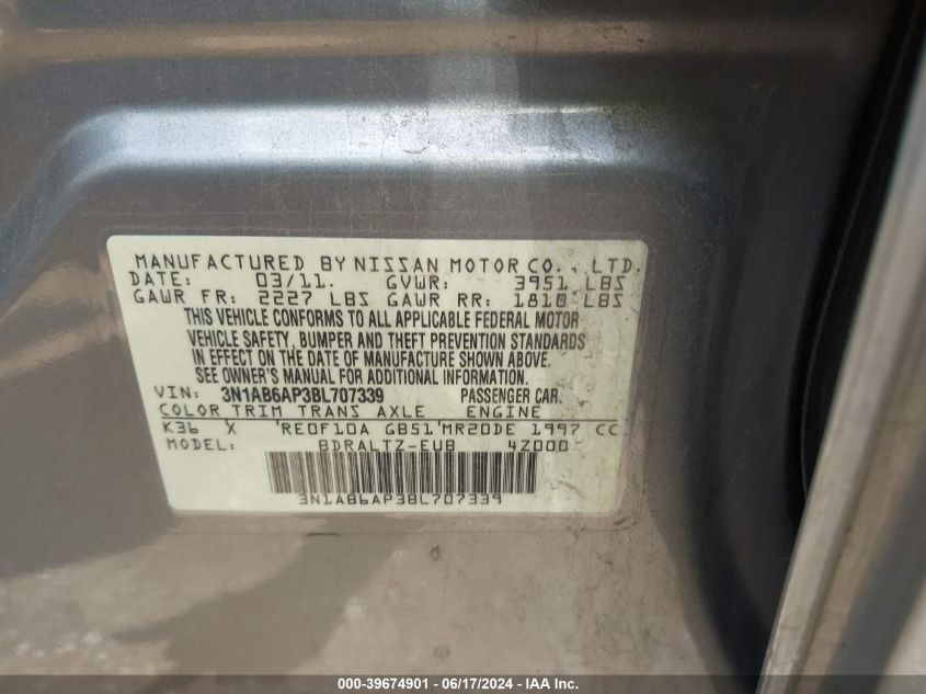 2011 Nissan Sentra 2.0S VIN: 3N1AB6AP3BL707339 Lot: 39674901