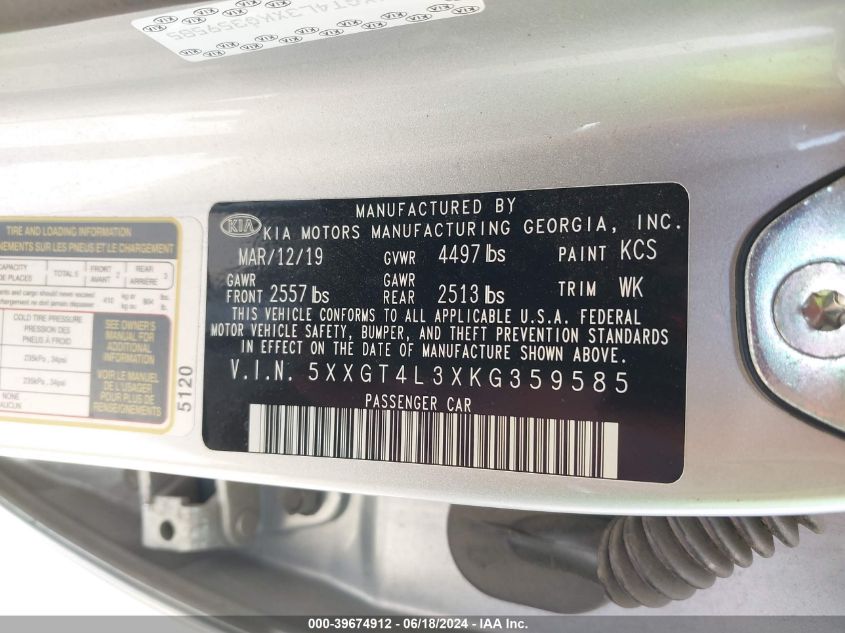 2019 Kia Optima Lx VIN: 5XXGT4L3XKG359585 Lot: 39674912
