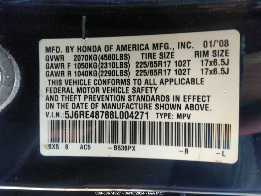 2008 Honda Cr-V Ex-L VIN: 5J6RE48788L004271 Lot: 39674927